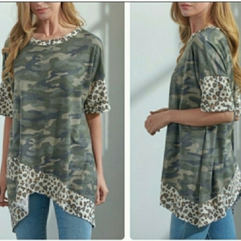 Hopely Relaxed Fit Asymmetrical Hem Camo Top W/ Animal Print Trim